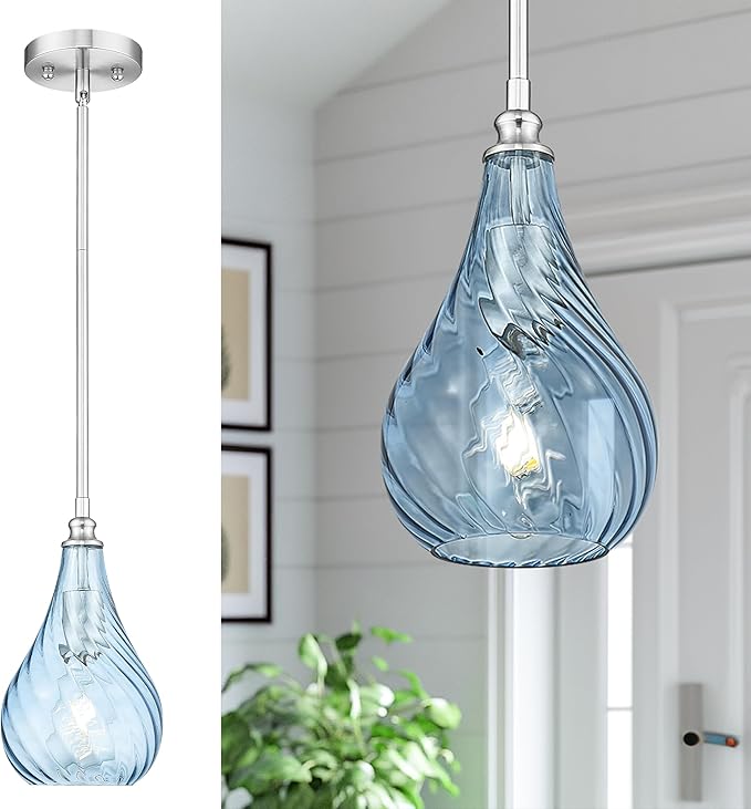 TENGXIN 6 Inch Mini Hanging Light for Kitchen Island,Kitchen Pendant Lighting Over Island,Brushed Nickel Finished Blue Glass Pendant Light,Farmhouse Pendant Light for Dining Room
