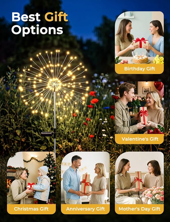 Brightown 150LED Solar Garden Lights Outdoor, 8 Modes 2 Pack Firework Fairy Lights for Outside Decorative, Solar Powered Stake Flowerbed Planter Decorations for Yard Pathway Patio Christmas,Warm White