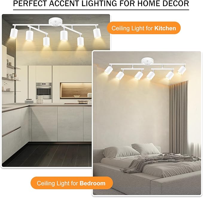 Track Lighting Fixture Ceiling, 30" Modern LED Track Lighting Kit, White 6 Light Ceiling Light for Kitchen, Rotatable Spotlight Heads, Flexible Wall Mount Spot Lighting for Island/Bedroom(NO Bulb)