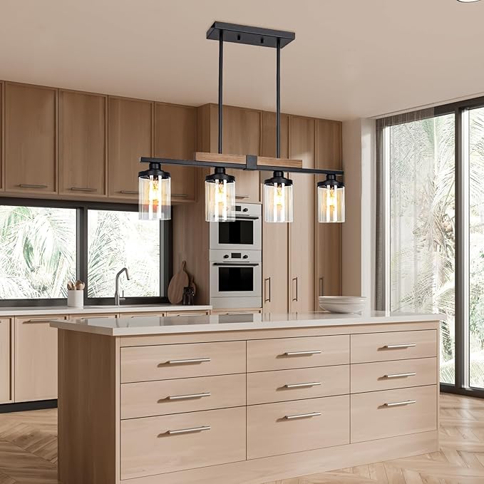Dining Room Light Fixture Over Table, Farmhouse 4-Light Kitchen Island Lighting, Modern Wood Chandelier with Adjustable Height, Large Industrial Black Pendant Lights Ceiling Hanging for Living Room