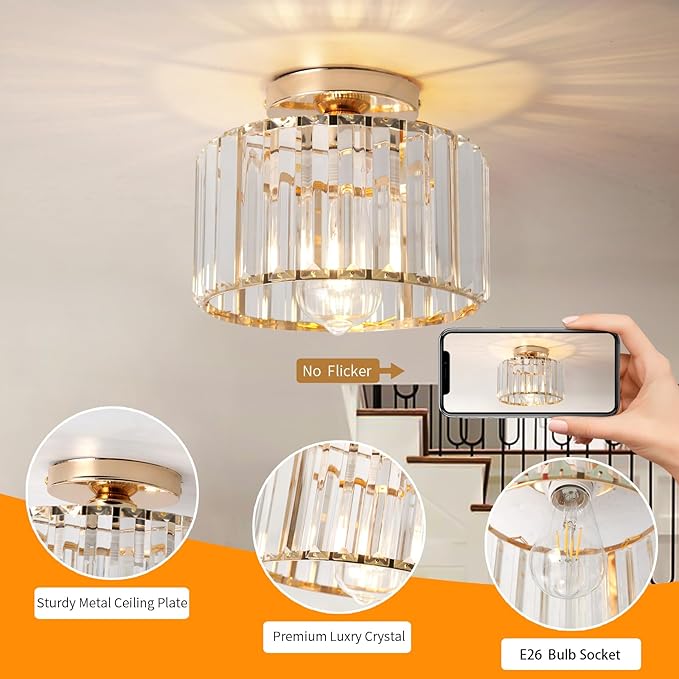 9 Inch Gold Crystal Ceiling Light Fixture - Modern Semi-Flush Mount Chandelier with Premium Crystals for Entryway, Dining Room, Bedroom, Kitchen