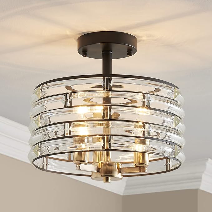 AGV LIGHTING CH015BB Crystal Semi Flush Mount Ceiling Light Fixture, E12 Base 3-Lights, D12 x H 9", Crystal Lamp Shade, Light Gold & Matte Black Finish