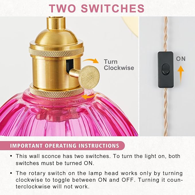 Plug in Wall Sconces Set of 2, Vintage Wall Sconce Light with Tulip Ruby Red Glass Lampshade, Bedroom Wall Sconce with Switch and Plug in wall lamp Cord, Gold Wall Light Wall Decor Set of 2