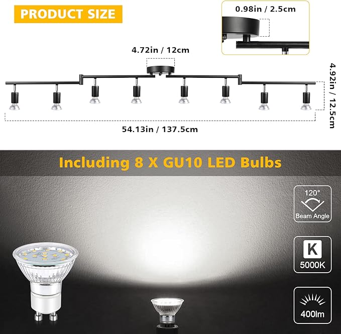 Unicozin LED 8 Light Track Lighting Kit, 54.13'' Black 8 Way Ceiling Spot Lighting, Flexibly Rotatable Head, Track Light Included 8 x LED GU10 Bulb (4W, Daylight White 5000K, 400LM)