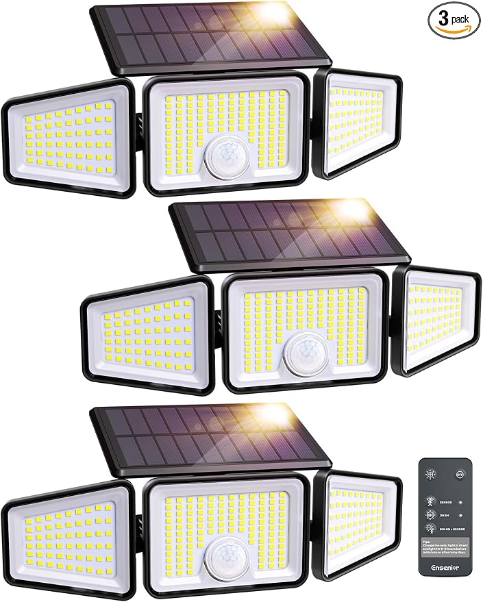 Ensenior Solar Motion Lights Outdoor, 3000LM 220 LED High Brightness Motion Sensor Outdoor Lights, 3 Head 4 Modes 270° Wide Angle Flood Lights IP65 Waterproof, Remote Control Security Lights, 3 Pack