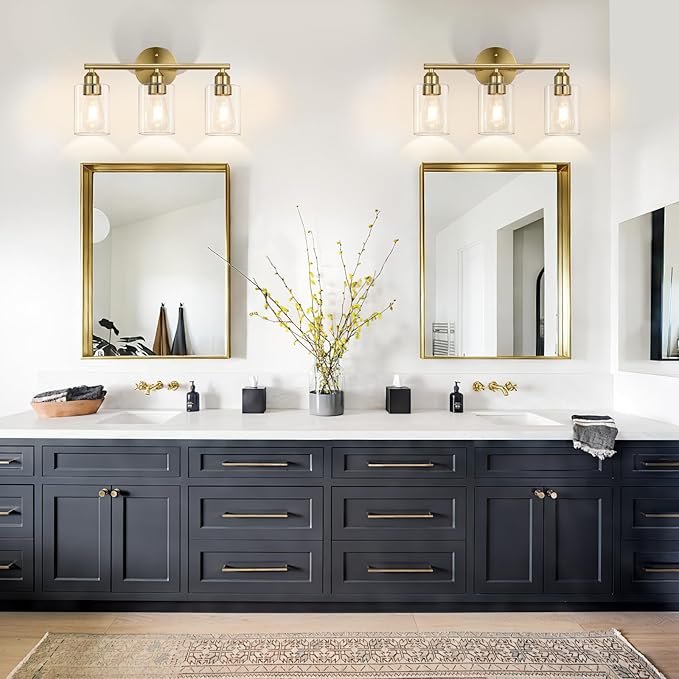 17.3'' Bathroom Gold Vanity Light Fixtures, Modern Wall Lamp for Mirror with Clear Glass Shade, 3-Light