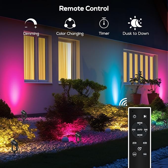 SUNTHIN Outdoor RGBW Landscape Lighting with Remote, Dusk to Dawn, 12 Pack | Color Changing Spot Uplights, IP65 Waterproof, Timed, Dimmable, Extendable, Low voltage