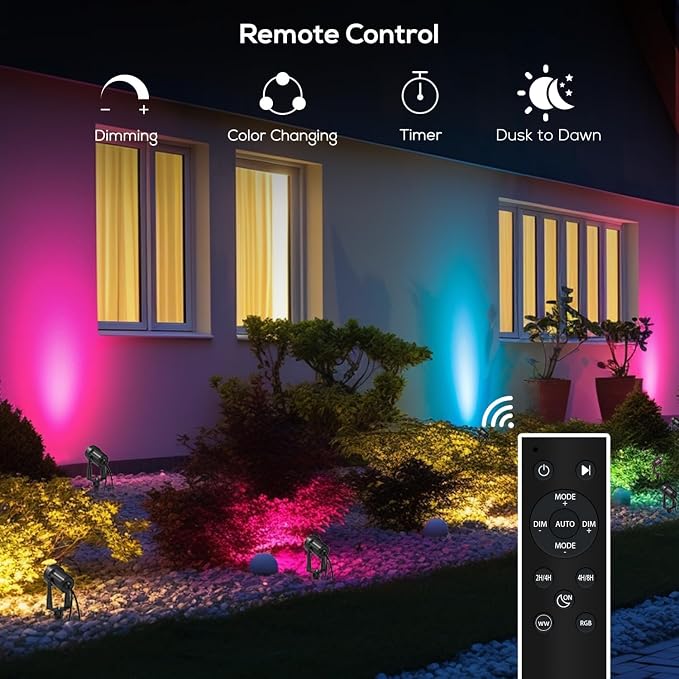 SUNTHIN Outdoor Landscape Lighting with Dusk to Dawn Sensor Controller & Remote, RGBW Color Changing Spot Uplights, 4 Pack