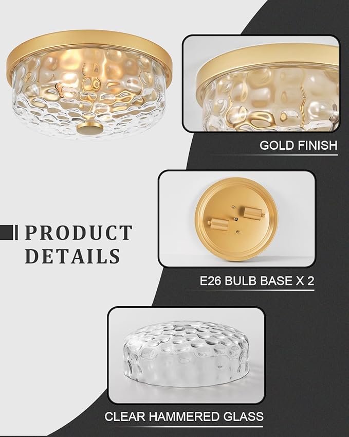 12 Inch Farmhouse Flush Mount Ceiling Light, 2 Light Industrial Close to Ceiling Light, Industrial Ceiling Lighting Fixture for Kitchen Hallway Bedroom Living Room (12.2 Inch Gold)