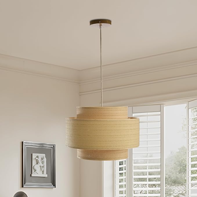 Pendant Light, 3-Tier Layered Boho Hanging Lamp with Natural Woven Drum Shade, 15ft Hemp Rope Cord Ceiling Light for Kitchen Island Dining Room Bedroom