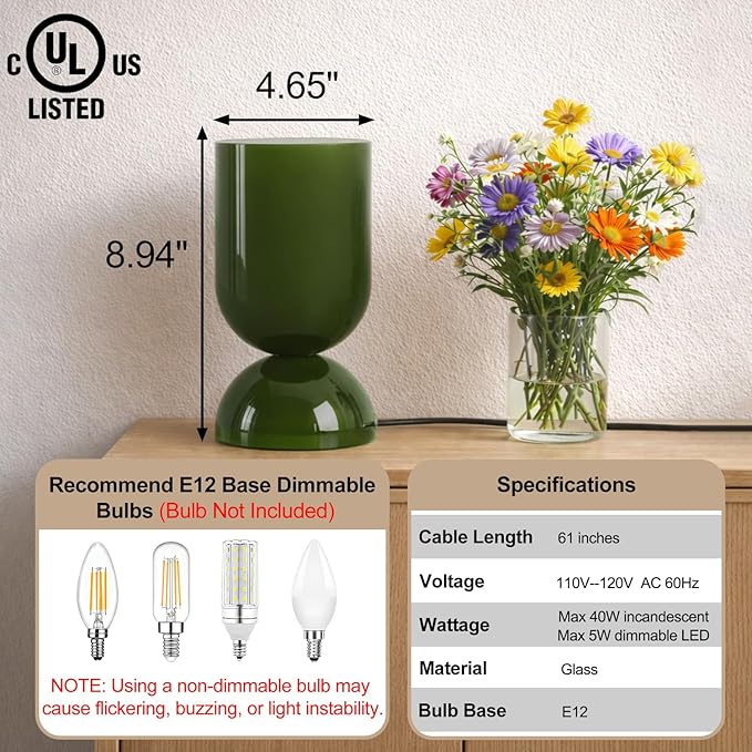 8.9" Modern Glass Table Lamp for Living Room, Dimmable Desk Lamps for Bedroom, UL Listed Nightstand Lamp with Dome Base, End Table Lamps for Side Tables, College Dorm, Office, Glossy Green