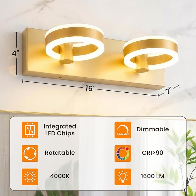 LED Bathroom Light Fixtures,15inch Gold Vanity Lights, Modern 2 Light Acrylic Wall Sconces, 350° Rotatable Wall Lighting Fixture Over Mirror