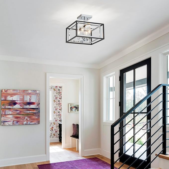 AGV LIGHTING CL055C Modern Semi-Flushmount Ceiling Light Fixture, Square Ceiling Light, E12 Base 4-Lights, L12 x W12 x H10, Matte Black & Chrome Finish