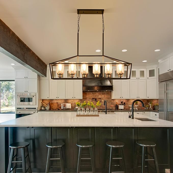Black Kitchen Island Lighting, 6-Light Modern Farmhouse Dining Room Light Fixtures Over Table, Rectangle Linear Chandelier with Bubble Seeded Glass Shade and Brushed Brass Socket