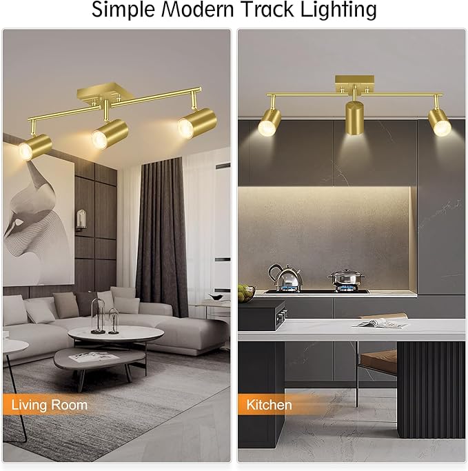 3 Light Track Lighting Fixtures Ceiling, Gold Kichen Track Lighting, Rotatable Light Heads, Adjustable Modern LED Track Lights for Kitchen/Living Room/Hallway/Bar,GU10 Bulb Not Included