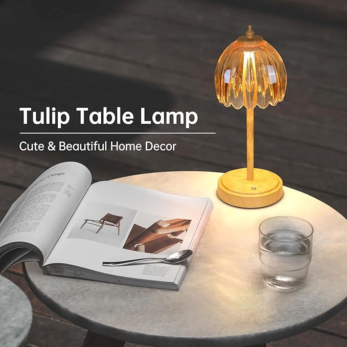 Shenmoyl Tulip Table Lamp with 5200mAh Battery & Touch Control, Small Cordless Table Lamp with 3 Colors, Rechargeable Battery Operated Table Lamps for Bedroom, Desk, Bedside (Amber-Beech Color)