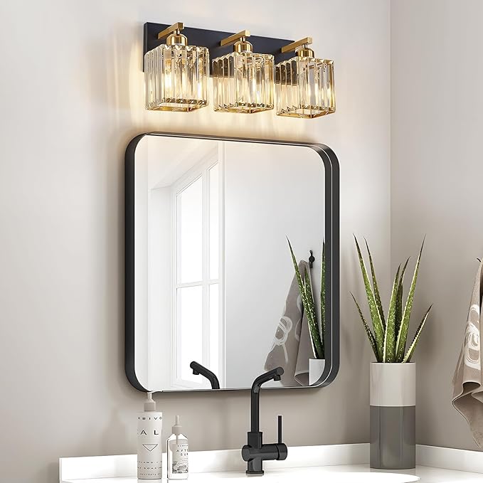 Modern Crystal Bathroom Lights Fixtures Black Gold 3-Lights Bathroom Vanity Lights Over Mirror Brass Vanity Lighting Fixtures Crystal Wall Lighting with Polished Gold Finish