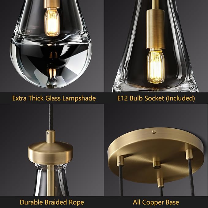 Raindrop Pendant Lights Kitchen Island 3-Light Teardrop Pendant Lights Brass Gold Pendant Light With Adjustable Suspension Cord for Dining Room,Bathroom,Bedroom Porch Corridor,Bulb Included