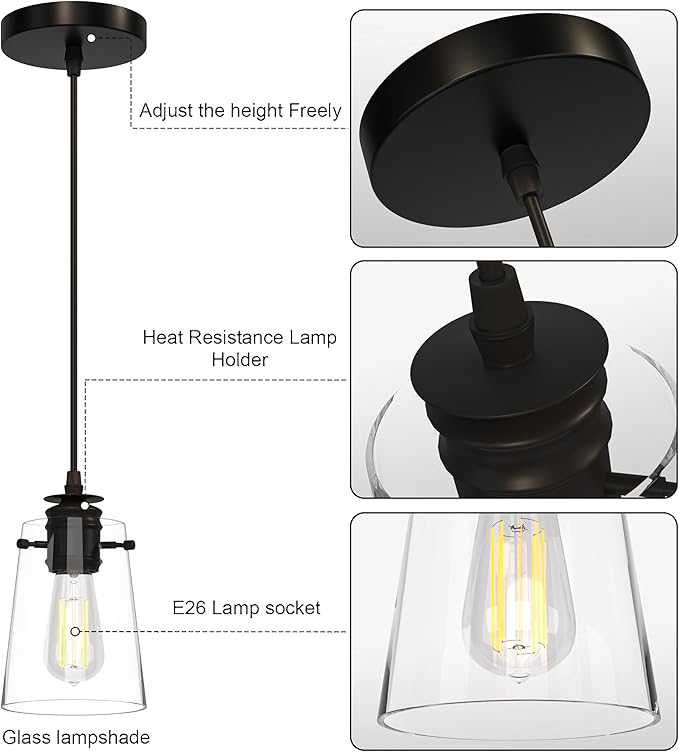 2Pack Pendant Lights Kitchen Island, Modern Industrial Pendant Light Fixtures with Glass Shade, E26 Socket Adjustable Cord for Dining Room, Bedroom, Living Room, Farmhouse Pendant Lighting