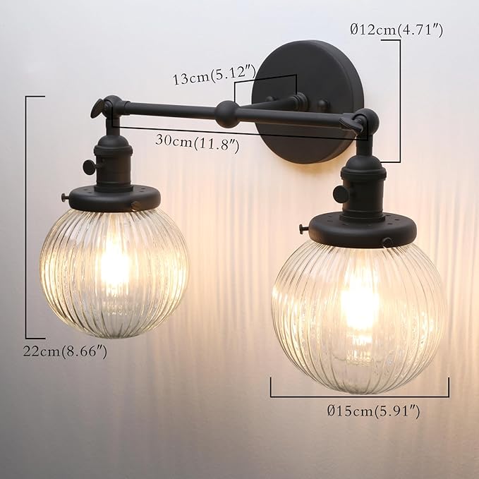 PERMO 2 Lights Sconce Industrial Wall Sconce Lighting with Ribbed Globe Glass Lampshade Vintage Double Sconce Hardwired Wall Sconce with Switch
