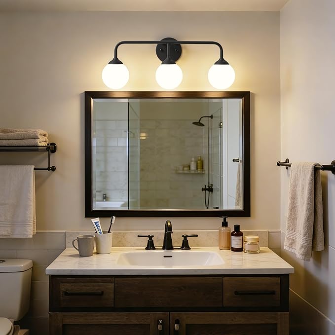 Bathroom Light Fixtures - 3 Light Brushed Brass Vanity Light Over Mirror for Bathroom Mirror Living Room Bedroom, Black Bathroom Wall Sconce with Frosted Glass Shade, 3 G9 Bulbs Included