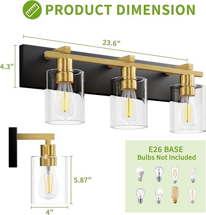 Espird Bathroom Vanity Light,3 Light Matte Black and Gold Light Fixture with Thickened Clear Glass Shade, 21 inch Modern Wall Sconce, Bathrooms Vanity Light Over Mirror for Bathroom
