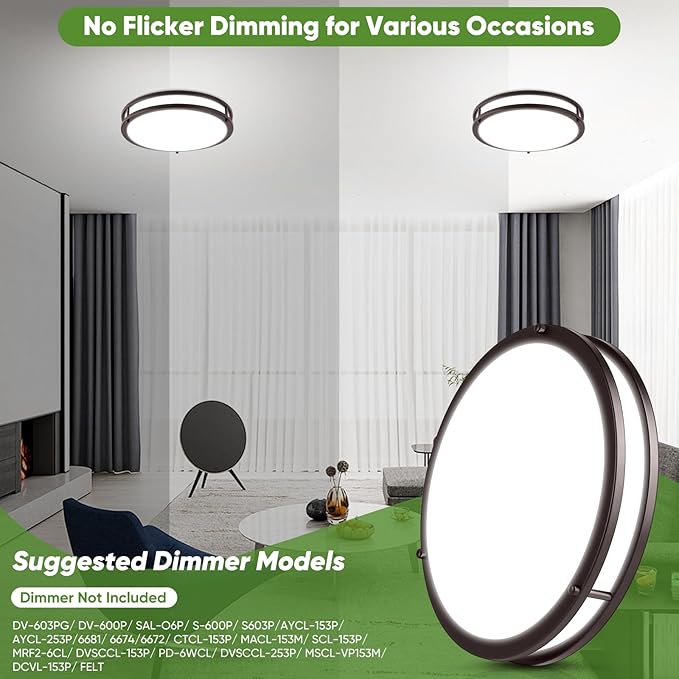 2-Pack 36W LED Ceiling Lights, 13inch Oil Rubbed Bronze Flush Mount Light Fixtures 3600LM 2700K/3000K/4000K/5000K/6500K Adjustable Ceiling Lights, Modern Dimmable Lighting for Kitchen Hallway Bathroom