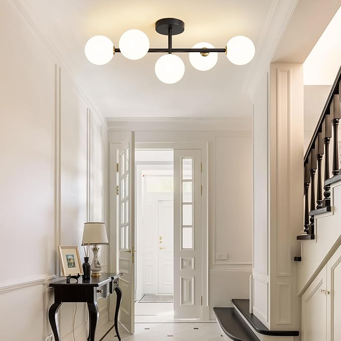 Globe Milk Glass Ceiling Light: Black 5 Lights Semi Flush Mount Ceiling Light - Linear Century Modern Lighting Fixture - 27 Inch Brass Glass Lights with Sphere Shade for Bedroom Living Room Hallway