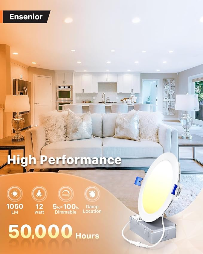 Ensenior 4 Pack 6 Inch LED Recessed Light, Dimmable, 3000K-5000K 3CCT, 1200LM High Brightness, 12W 120V, 3 Pin, ERL-12X-ETL, Damp Rated, Ultra-Thin Canless Wafer Ceiling Light - ETL & FCC & IC