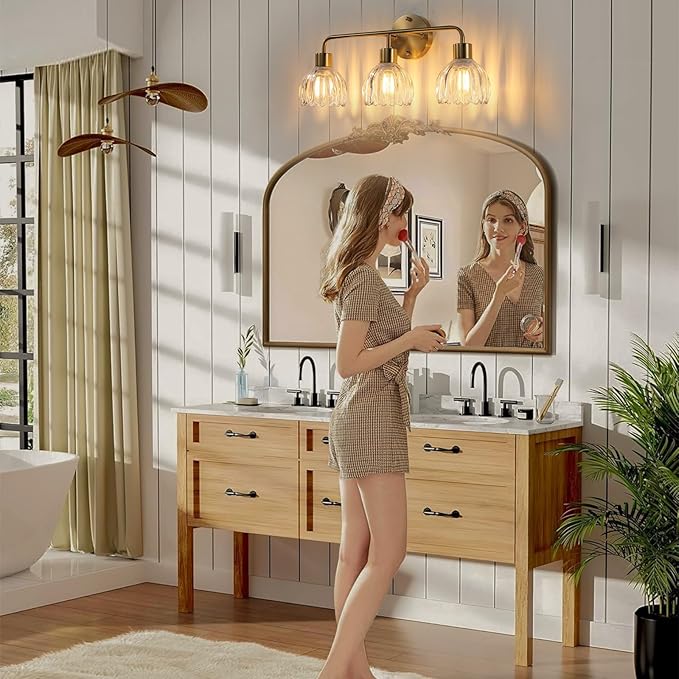 3-Light Gold Brass Bathroom Light Fixture with Clear Tulip Glass Shade,Wall Sconces,Vintage Vanlity Light Over Mirror,Bathroom Wall Light,E26 Socket(Bulbs Not Included)