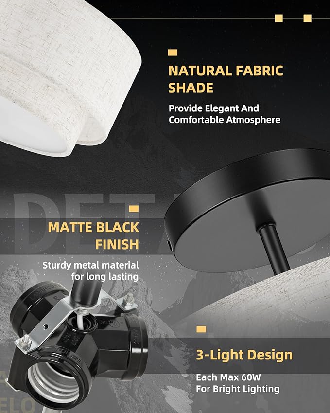 AUTELO Black Semi Flush Mount Ceiling Light, 3-Light 12" Flush Mount Ceiling Light in Black Finish with Drum Fabric Shade for Hallway Bedroom Kitchen, C2506 BK-12