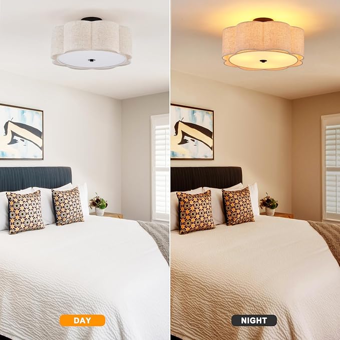 Semi Flush Mount Ceiling Light, Beige Linen Fabric Shade Ceiling Light, Black Modern Farmhouse Close to Ceiling Light for Bedroom, Hallway, Living Room, Dining Room, Laundry Room