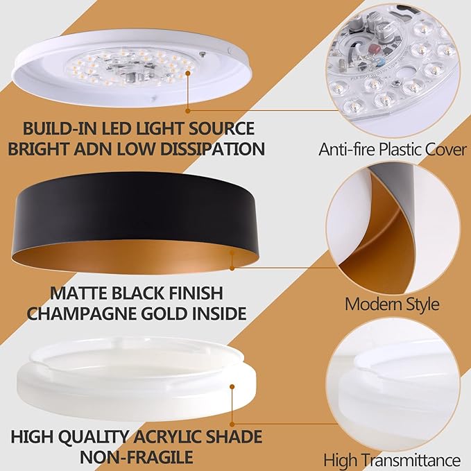 Bargeni Flush Mount Ceiling Light,12.5 inch LED Ceiling Light Fixture,Matte Black with Gold Inside,3000K/Warm White/18W(100w Equiv.),Dimmable Outdoor Lighting Fixtures Ceiling for Bedroom and Hallway