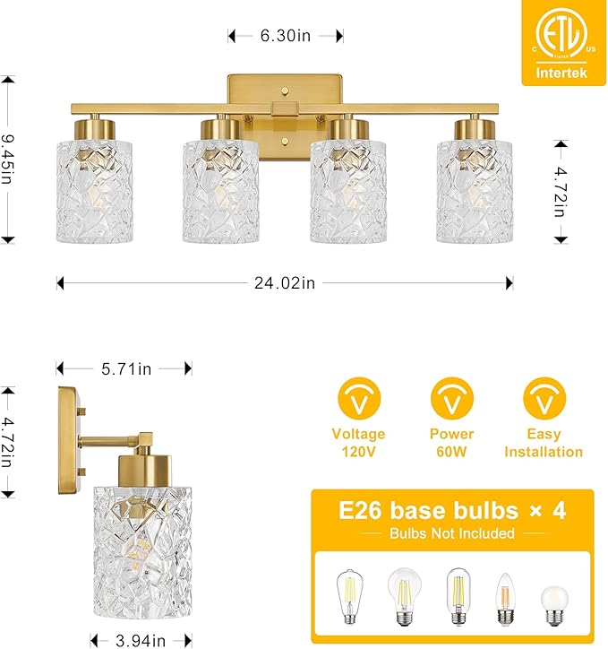 Brushed Gold Bathroom Light Fixtures, 4-Light Modern Bathroom Vanity Wall Light, Vanity Lights for Mirror, Wall Sconces with Clear Textured Glass (E26 Socket, Bulbs Not Included)