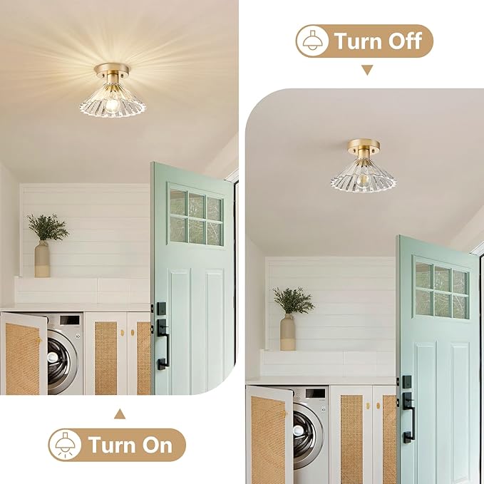 Modern Round Glass Ceiling Light, Mid-Century Lighting Fixtures, Gold Semi Flush Mount Ceiling Light for Hallway, Kitchen, Laundry Room, Bathroom, Entryway, 9.7 in