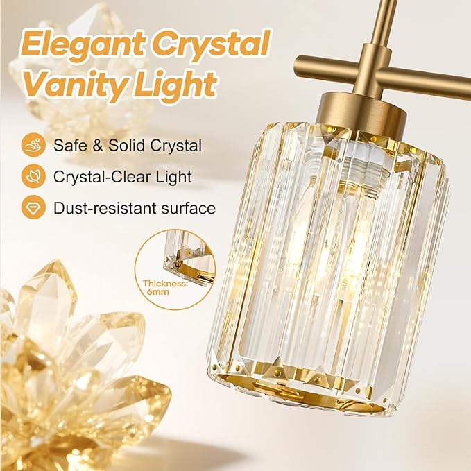Modern Crystal Bathroom Vanity Light, 4-Light Gold Bathroom Light Fixtures Over Mirror, Crystal Vanity Light with Brushed Gold Finish (Bulbs Not Included)