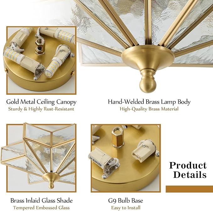 Star Brass Glass Ceiling Light - Small 12 in Gold Hammered Flush Mount Fixture - Unique Art Deco Vintage Modern Lighting Lights for Bedroom Dining Foyer Entryway Hall Hallway Outdoor Porch