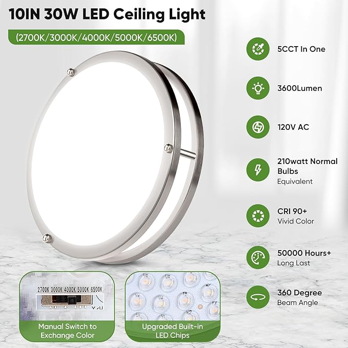 TOBUSA 2-Pack 10inch Bathroom Light Fixtures Ceiling Mount, 30W 3600lm Super Bright LED 2700K/3000K/4000K/5000K/6500K Adjustable Dimmable Kitchen Hall Ceiling Lamps, Brushed Nickle