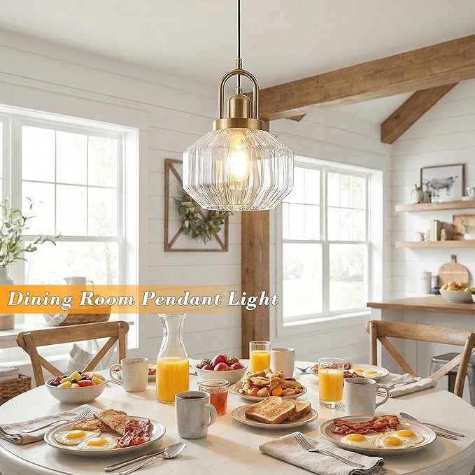 9in Mid Century Modern Clear Glass Pendant Light Fixture, Small Gold Kitchen Island Pendants Light Glass Ceiling Hanging Lamp for Foyer Dining Room Bedroom Entryway Hallway Over Sink