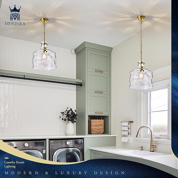 12" Farmhouse Pendant Light, Hand-Blown Clear Hammered Glass Hanging Light Fixture with Brass Gold Finish, Adjustable Chain Ceiling Light for Kitchen Island, Dining Room, Hallway, E26 Socket