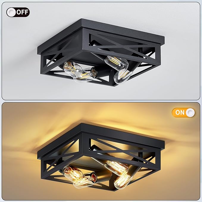 ZHU YAN 4-Light Black Hallway Light Fixture,Farmhouse Industrial Fixture with E26 Base,Cage Ceiling Fixture for Kitchen,Living Room,Hallway,Bedroom 1 Pack