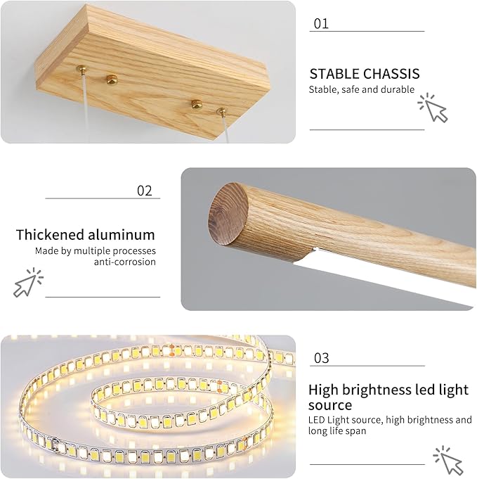 Modern Wooden Pendant Light, 39IN White Ash Wood Chandelier with Remote Control 3000k-6500K Adjustable Color Temperature，Aluminum Island Lighting Lamp for Dining Room, Living Room B