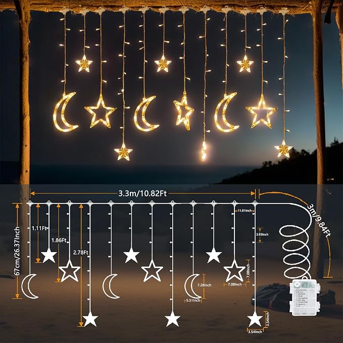 138 LED Star Moon String Lights, Warm White Fairy String Lights with 12 Hooks, Twinkle Battery Operated Lights with Remote, 8 Modes for Bedroom, Ramadan Decoration