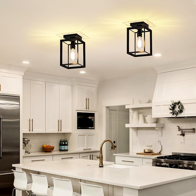 Mayful Flush Mount Ceiling Light Fixture,Black Hallway Light Fixtures Ceiling,Farmhouse Black Metal Frame Light Fixture for Kitchen Island Entryway Porch Foyer Dining Room