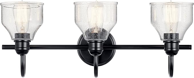 Kichler Avery 24" 3-Light Bathroom Vanity Light Fixture with Clear Seeded Glass in Black for Modern Industrial Farmhouse Style, Wall Mount Over Mirror (24" x 9.5" x 8.25"), 45973BK