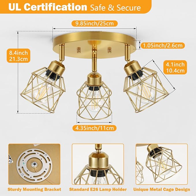 3-Light Brushed Gold Kitchen Light Fixtures, Modern Close to Ceiling Light with Metal Cage, Multi-Directional Gold Ceiling Lights for Farmhouse, Hallway, Dining Room, Entryway