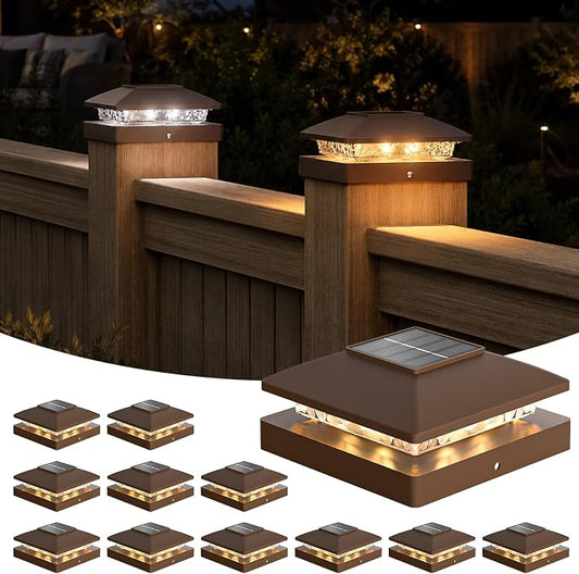 APONUO Solar Post Cap Lights for 4x4 Posts - IP64 Waterproof, 3000/6500K LED, Wireless Fence Lights & Deck Lights for Patios, Gardens, and Yards, Brown-Warm/Cool White, 12-Pack