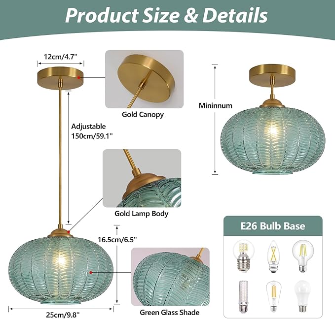 KCO Lighting Green Glass Chandelier Vintage Gold Pendant Light Large Green Ribbed Ceiling Light Antique Brass Hanging Light Mid Century Modern Pendant Lights Kitchen Island