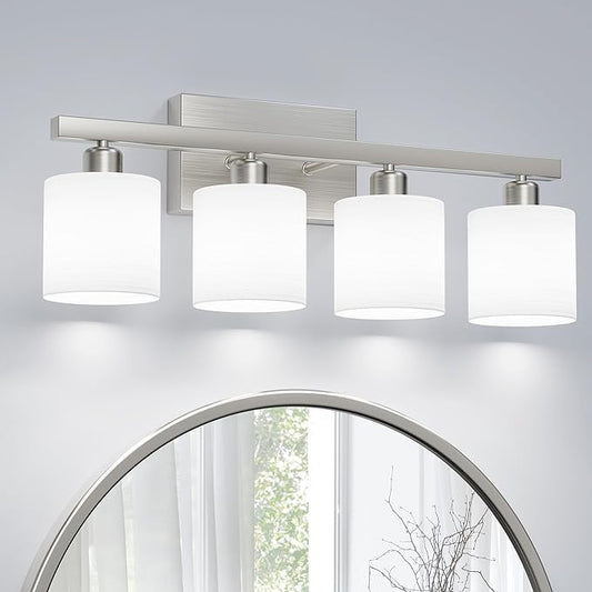 PARTPHONER Bathroom Light Fixtures, Bathroom Lighting Fixtures Over Mirror, Classic Vanity Lights, Modern Vanity Light with Textured Frosted Opal White Glass Shades, Brushed Nickel, 4-Light