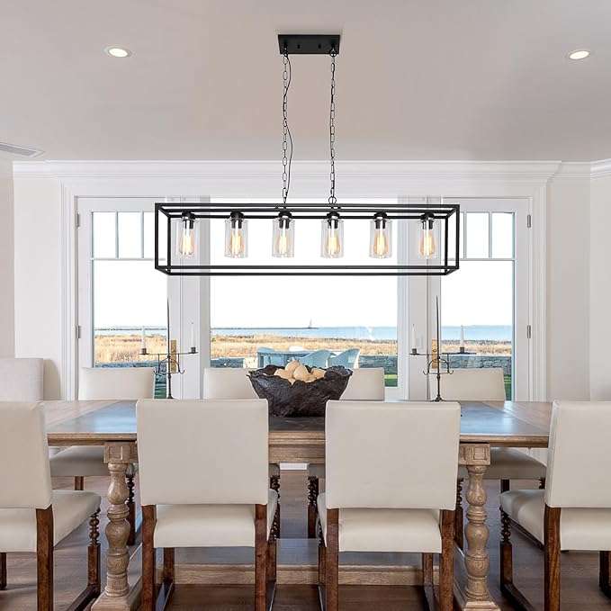 6-Light Black Kitchen Island Lighting with Clear Glass Shade, Modern Farmhouse Dining Room Light Fixtures Over Table, Island Lights for Kitchen, Dining Room, Bar, Foyer